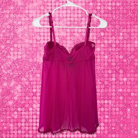Vintage La Senza Pink Sheer Babydoll Top Silk Bow Sparkle Ruffle Lingerie Large - Picture 2 of 4